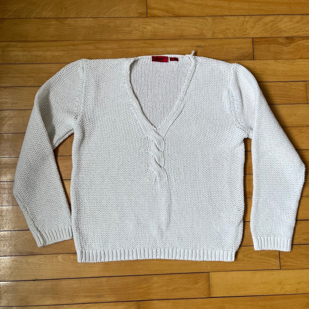 Hugo Boss White Cotton Chunky Knit V-Neck Sweater Twist Detail XL